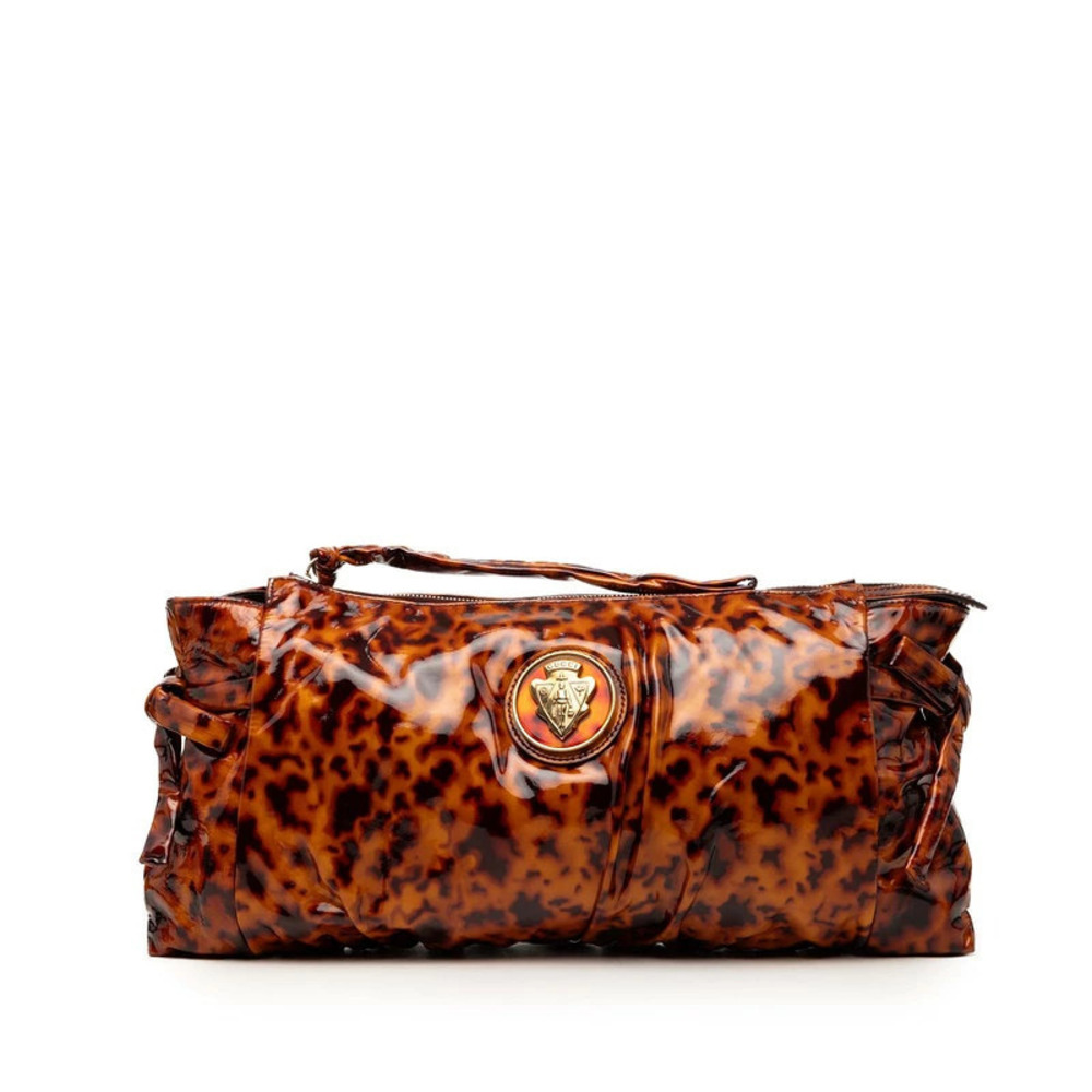 Gucci Hysteria Crest Animal Leopard Clutch Bag Brown Enamel